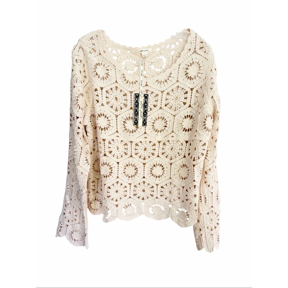 Ultra Pink Crochet Cream 100% Cotton Long Sleeve Top Sz L NWT